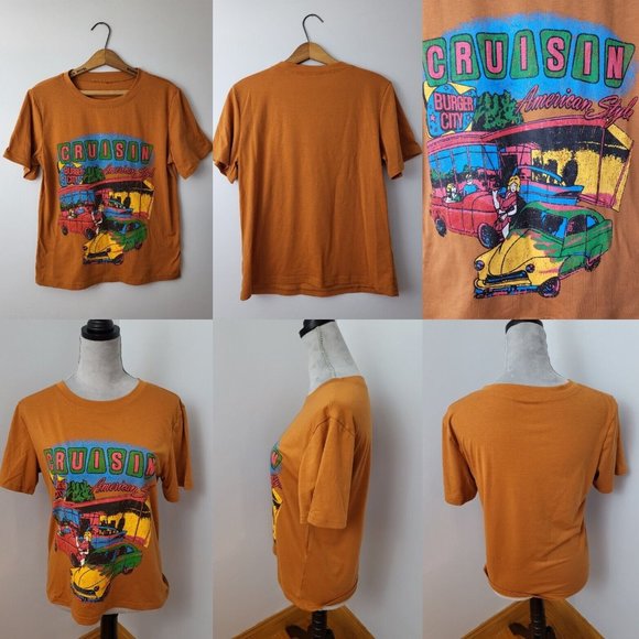 EUC Shein Cruisin American Style Burger City Graphic Orange Tee T-Shirt Size L - Picture 1 of 12